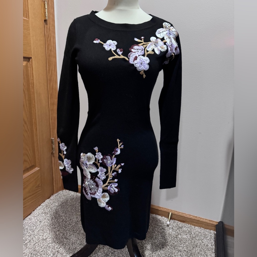 Black embroidered sweater dress